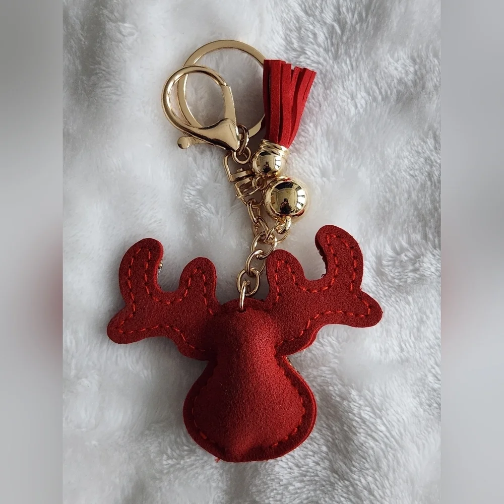Reindeer Christmas Keychain with Red Tassel Bag Charm